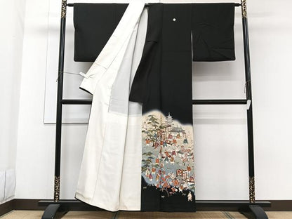 平和屋着物■豪華黒留袖　御所車人物風景文　松竹梅　暈し染め　金通し地　正絹　逸品　CABG6952xi