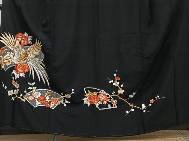 平和屋着物■黒留袖　総刺繍　花鳥文　金銀糸　洗える着物　CABG6981xi