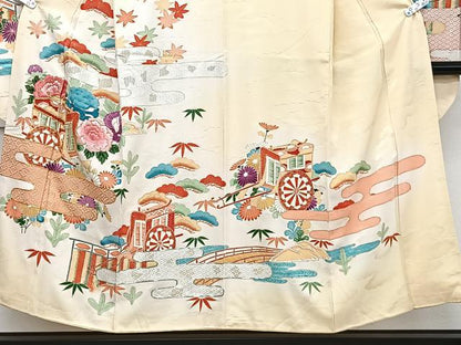 平和屋着物■豪華振袖　駒刺繍　御所車渡橋花文　暈し染め　金銀彩　正絹　逸品　CABG7054xi
