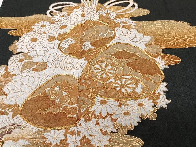 平和屋着物■豪華黒留袖　駒刺繍　薬玉花丸文　金彩　正絹　逸品　CABG7055xi