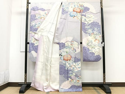 平和屋着物■豪華振袖　駒刺繍　立波屏風花文　銀彩　正絹　逸品　CABG7071xi