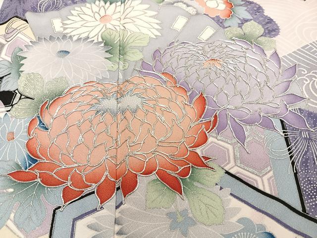 平和屋着物■豪華振袖　駒刺繍　立波屏風花文　銀彩　正絹　逸品　CABG7071xi