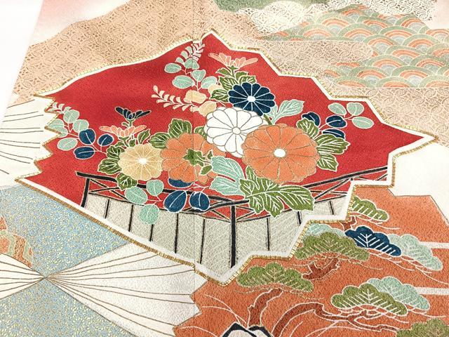平和屋着物■訪問着　駒刺繍　檜扇屏風花文　暈し染め　金彩　正絹　逸品　CABG7078xi