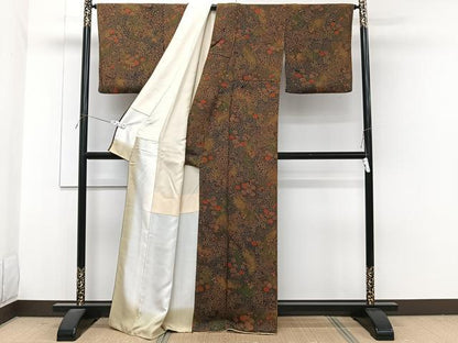 平和屋着物■上質な小紋　草花文　鬼しぼ縮緬　カラー銅色：浅黄色　正絹　逸品　CABG7137xi
