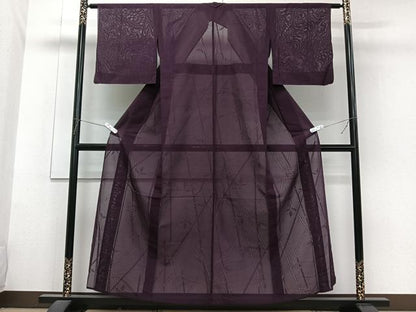平和屋着物＊夏物　色無地　笹竹紋紗　桑の実色　正絹　逸品　CABG7166xi