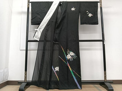 平和屋着物＊夏物　訪問着　菱紋紗　辻が花　黒地　金彩　正絹　逸品　CABG7174xi