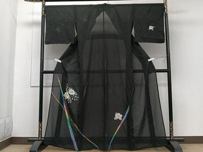 平和屋着物＊夏物　訪問着　菱紋紗　辻が花　黒地　金彩　正絹　逸品　CABG7174xi