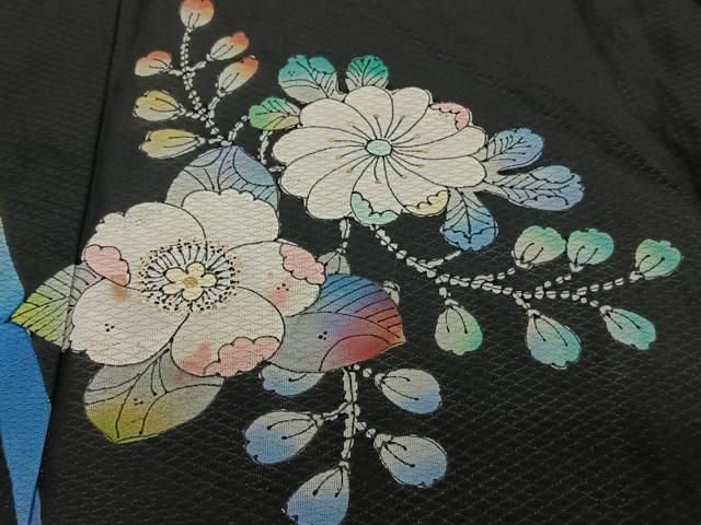平和屋着物＊夏物　訪問着　菱紋紗　辻が花　黒地　金彩　正絹　逸品　CABG7174xi