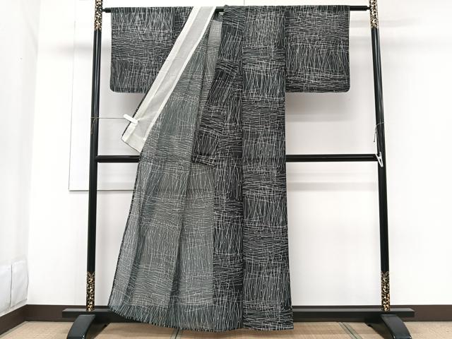 平和屋着物＊夏物　小紋　絽　抽象文様　黒地　洗える着物　CABG7200xi