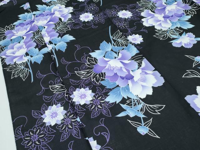 平和屋着物∴夏物　浴衣　草花文　黒地　綿　逸品　CABG7216rv