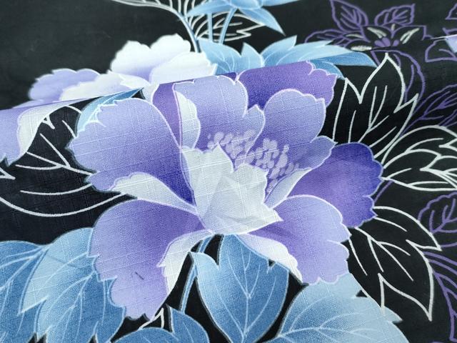 平和屋着物∴夏物　浴衣　草花文　黒地　綿　逸品　CABG7216rv