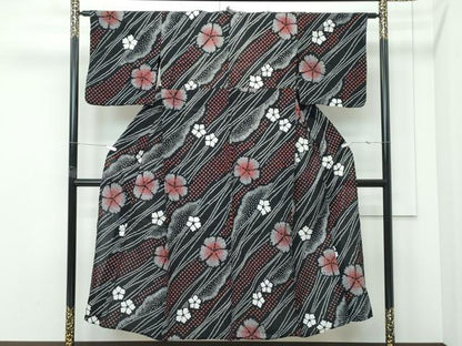 平和屋着物∴夏物　浴衣　有松鳴海絞り　斜線花文　黒地　綿　逸品　CABG7218rv