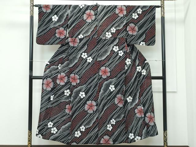 平和屋着物∴夏物　浴衣　有松鳴海絞り　斜線花文　黒地　綿　逸品　CABG7218rv