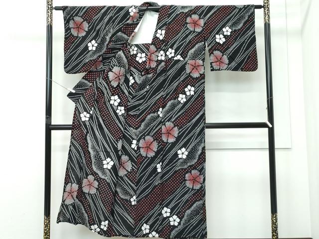平和屋着物∴夏物　浴衣　有松鳴海絞り　斜線花文　黒地　綿　逸品　CABG7218rv