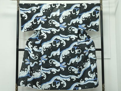 平和屋着物∴夏物　男性　浴衣　立波文　黒地　綿　逸品　CABG7223rv