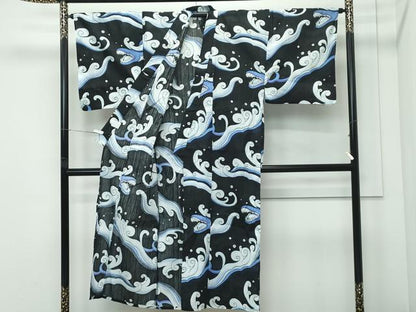 平和屋着物∴夏物　男性　浴衣　立波文　黒地　綿　逸品　CABG7223rv