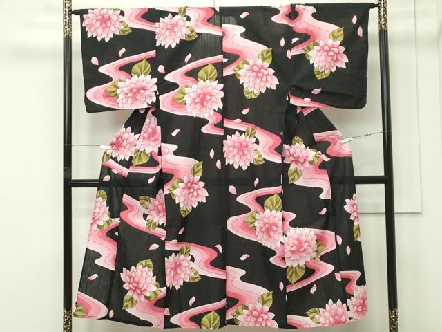 平和屋着物∴夏物　男性　浴衣　流水草花文　黒地　綿　逸品　CABG7237rv