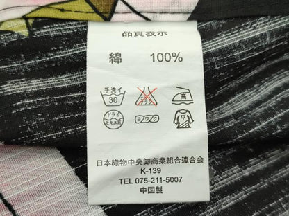 平和屋着物∴夏物　男性　浴衣　流水草花文　黒地　綿　逸品　CABG7237rv