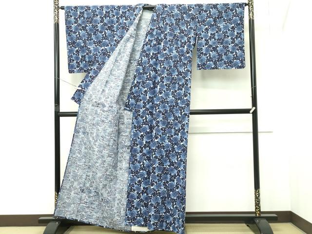 平和屋着物∴夏物　浴衣　藍　型染め　菊唐草文　綿　逸品　CABG7240rv