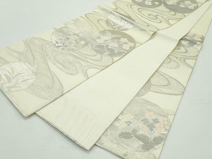 平和屋着物＊夏物 六通柄袋帯 流水草花丸文 銀糸 正絹 逸品 未使用 CABG7285rv