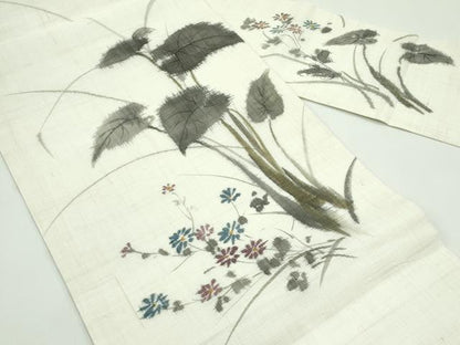 平和屋着物＊夏物　九寸名古屋帯　草花文　麻　逸品　CABG7293rv