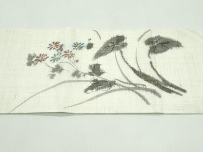 平和屋着物＊夏物　九寸名古屋帯　草花文　麻　逸品　CABG7293rv