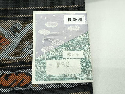 平和屋着物＊夏物　八寸名古屋帯　葡萄唐草横段文　黒地　未使用　CABG7334rv