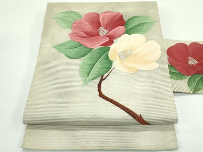 平和屋着物＊夏物　九寸名古屋帯　牡丹　銀糸　正絹　逸品　CABG7349rv