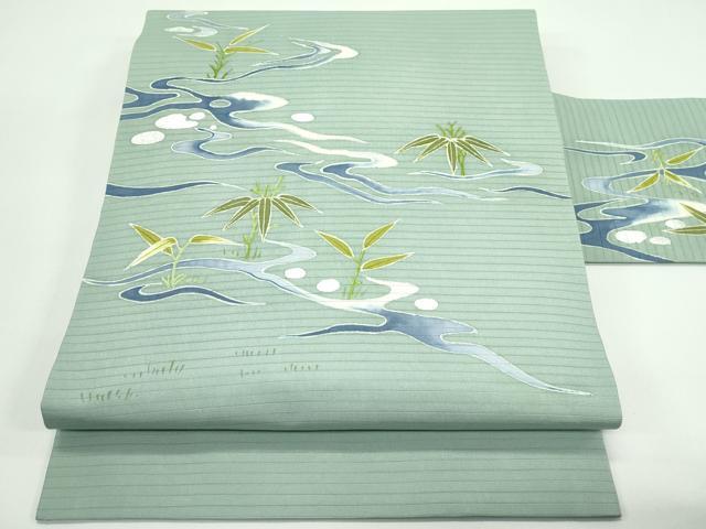 平和屋着物＊夏物　絽塩瀬　九寸名古屋帯　流水草木文　銀彩　正絹　逸品　CABG7350rv
