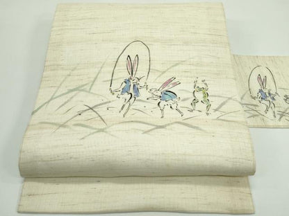 平和屋着物＊夏物　九寸名古屋帯　手描き　鳥獣戯画　麻　逸品　CABG7354rv