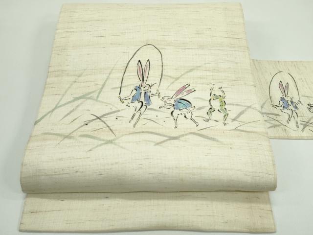 平和屋着物＊夏物　九寸名古屋帯　手描き　鳥獣戯画　麻　逸品　CABG7354rv