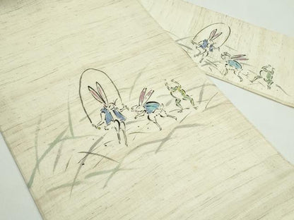 平和屋着物＊夏物　九寸名古屋帯　手描き　鳥獣戯画　麻　逸品　CABG7354rv