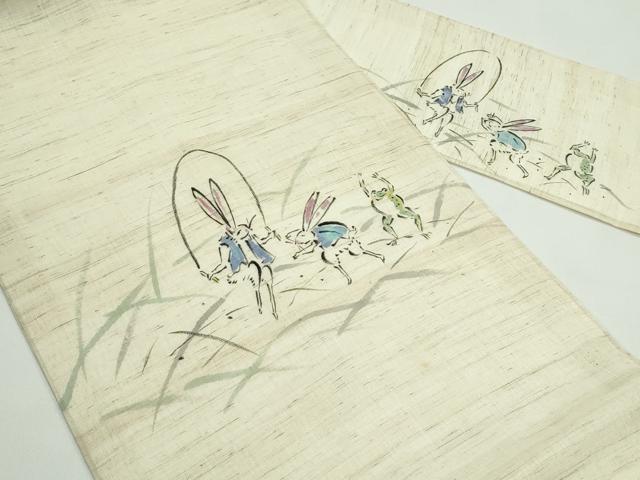 平和屋着物＊夏物　九寸名古屋帯　手描き　鳥獣戯画　麻　逸品　CABG7354rv
