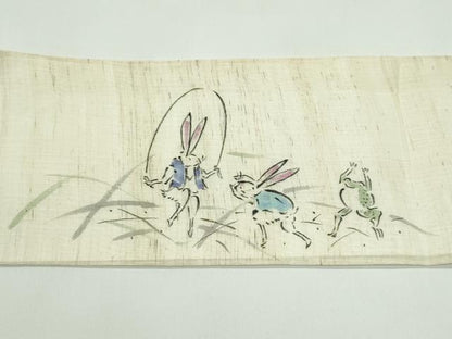 平和屋着物＊夏物　九寸名古屋帯　手描き　鳥獣戯画　麻　逸品　CABG7354rv