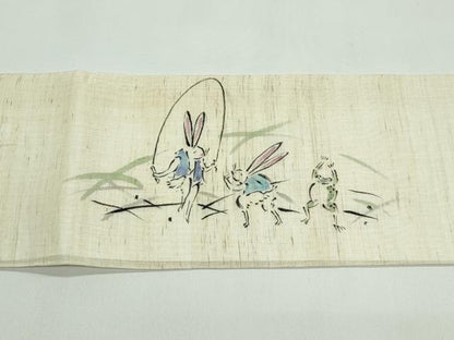 平和屋着物＊夏物　九寸名古屋帯　手描き　鳥獣戯画　麻　逸品　CABG7354rv