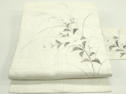 平和屋着物＊夏物　九寸名古屋帯　手描き　草花文　麻　逸品　CABG7355rv