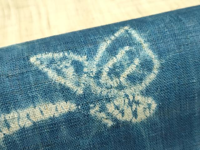 平和屋着物＊夏物　九寸開き名古屋帯　絞り　藍　舞蝶文　麻　逸品　CABG7377rv