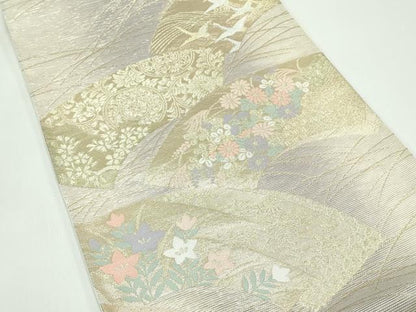 平和屋着物＊夏物 六通柄袋帯 地紙草花飛鶴文 金銀糸 正絹 逸品 CABG7381rv