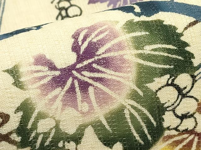 平和屋着物＊夏物　本場琉球紅型　琉球びんがた　知念紅型研究所　知念貞男　九寸名古屋帯　蔦の葉文　正絹　逸品　CABG7406rv