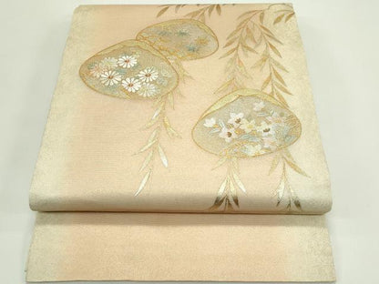 平和屋着物＊夏物　九寸開き名古屋帯　駒刺繍　貝合わせ草花文　金糸　正絹　逸品　CABG7409rv