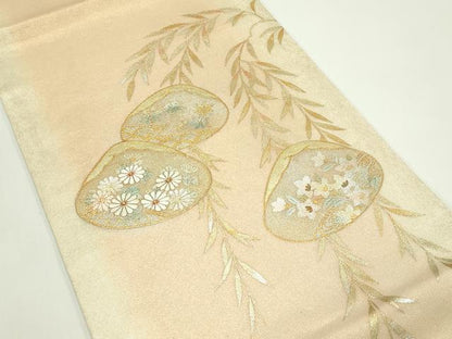 平和屋着物＊夏物　九寸開き名古屋帯　駒刺繍　貝合わせ草花文　金糸　正絹　逸品　CABG7409rv