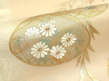 平和屋着物＊夏物　九寸開き名古屋帯　駒刺繍　貝合わせ草花文　金糸　正絹　逸品　CABG7409rv
