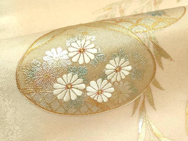 平和屋着物＊夏物　九寸開き名古屋帯　駒刺繍　貝合わせ草花文　金糸　正絹　逸品　CABG7409rv