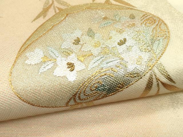 平和屋着物＊夏物　九寸開き名古屋帯　駒刺繍　貝合わせ草花文　金糸　正絹　逸品　CABG7409rv