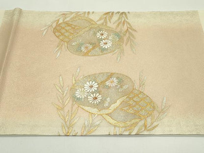 平和屋着物＊夏物　九寸開き名古屋帯　駒刺繍　貝合わせ草花文　金糸　正絹　逸品　CABG7409rv
