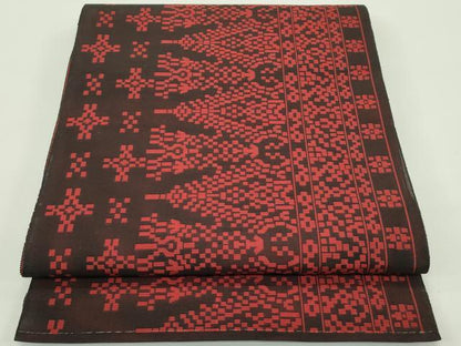 平和屋着物＊夏物　八寸名古屋帯　幾何学文様　黒地　正絹　逸品　CABG7426rv