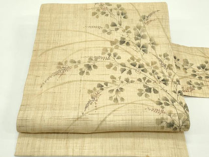 平和屋着物＊夏物　九寸名古屋帯　手描き　萩　麻　逸品　CABG7439rv