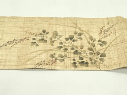 平和屋着物＊夏物　九寸名古屋帯　手描き　萩　麻　逸品　CABG7439rv