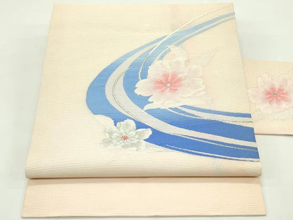 平和屋着物＊夏物　九寸名古屋帯　流水花文　銀糸　正絹　逸品　未使用　CABG7440rv