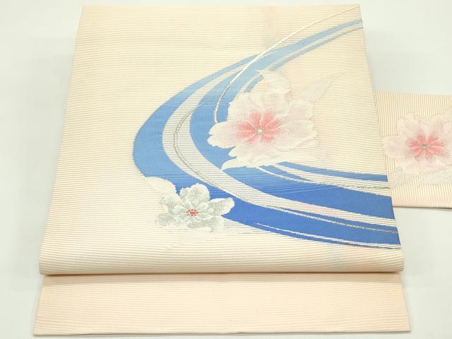 平和屋着物＊夏物　九寸名古屋帯　流水花文　銀糸　正絹　逸品　未使用　CABG7440rv